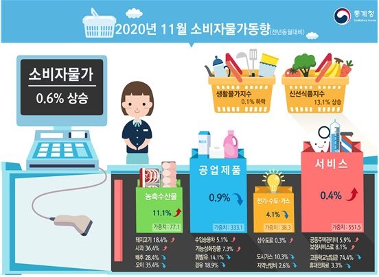 11월 소비자물가 전년비 0.6% 상승...농산물석유류제외지수는 1% 올라 (종합)