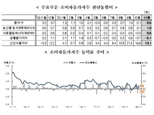 11월 소비자물가 전년비 0.6% 상승...농산물석유류제외지수는 1% 올라 (종합)