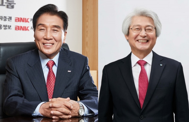 김지완 BNK금융그룹 회장(왼쪽)과 김태오 DGB금융그룹 회장(오른쪽). /사진=각사