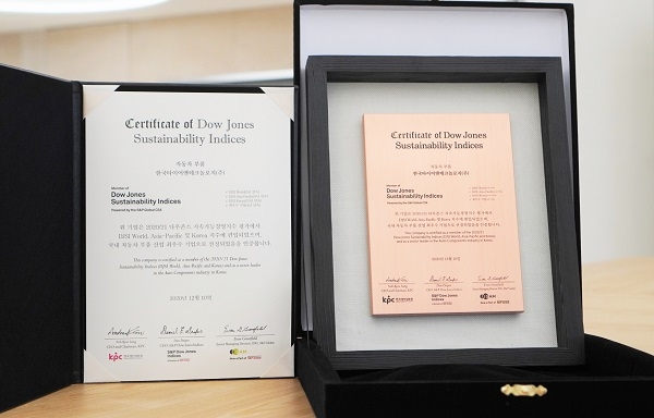 한국타이어 2020 DJSI 월드 인증패. 사진=한국타이어.