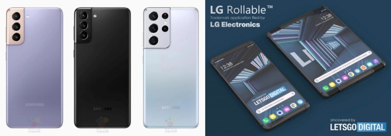 (왼쪽부터)삼성 갤럭시 S21 시리즈 렌더링 이미지와 세계 최초 롤러블 폰인 'LG 롤러블'. 사진=폰 아레나, 레츠고디지털