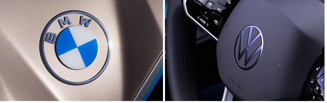 BMW 새 로고(왼쪽)과 폭스바겐 새 로고.