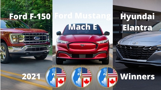 2021 북미 올해의 차 수상자 (왼쪽부터) 포드 F-150, 머스탱 마하-E, 현대차 아반떼. 사진=북미 올해의 차.