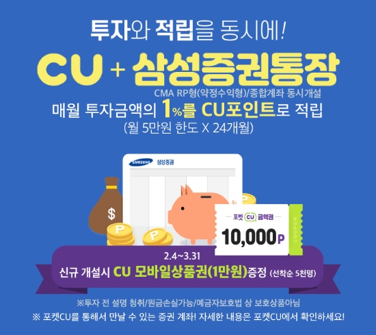 CU, 삼성증권과 재테크 프로모션…"투자금액 1% 적립"