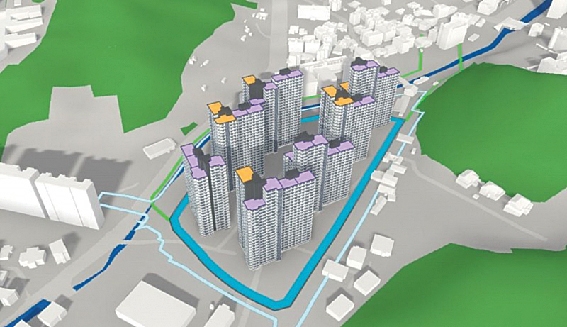 ▲ AI기반 공동주택 3D 자동설계 시스템을 활용한 배치 조감도 예시. 사진 = 현대건설
