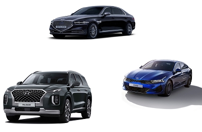 (위로부터 시계방향) 제네시스 G90, 기아 K5, 현대 팰리세이드.