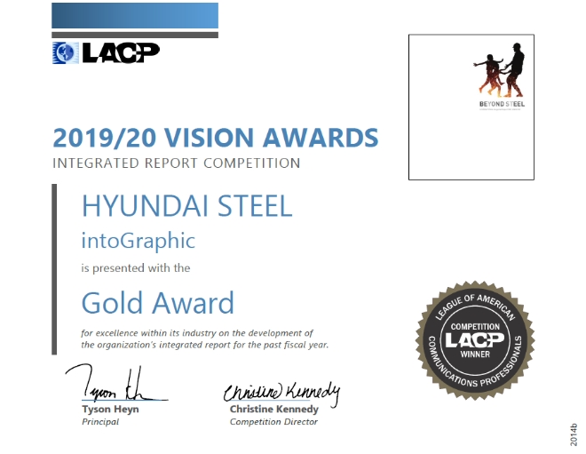 현대제철은 지난달 22일 미국 커뮤니케이션 연맹(League of American Communications Professionals, LACP)이 주관하는 'LACP 비전 어워즈' 에서 통합보고서 '2020 Beyond Steel' 이 수상했다. 사진=현대제철.