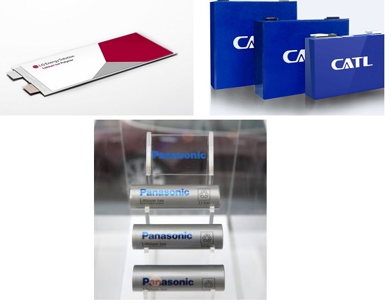 (왼쪽 위부터 시계방향으로) 전기차배터리 LG에너지솔루션 파우치형, CATL 각형, 파나소닉 원통형. 사진=각사, Getty.