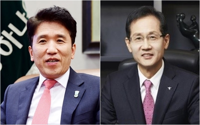 함영주 하나금융그룹 부회장(왼쪽)이 24일 진행된 지주사 조직 개편에서, 신설되는 ESG부회장을 맡게 됐다. 지성규 하나은행장은 디지털부회장으로 중용됐다. /사진=하나금융그룹 제공