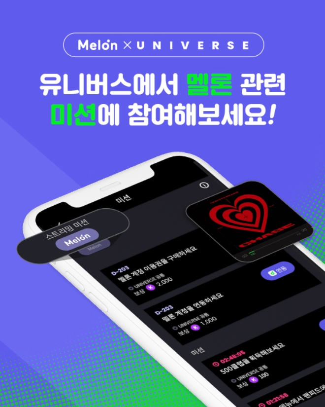 멜론(Melon)은 오늘(1일)부터 엔씨소프트의 글로벌 K-POP 엔터테인먼트 플랫폼 유니버스(UNIVERSE)와 플랫폼 연동을 시작한다. 사진=카카오.