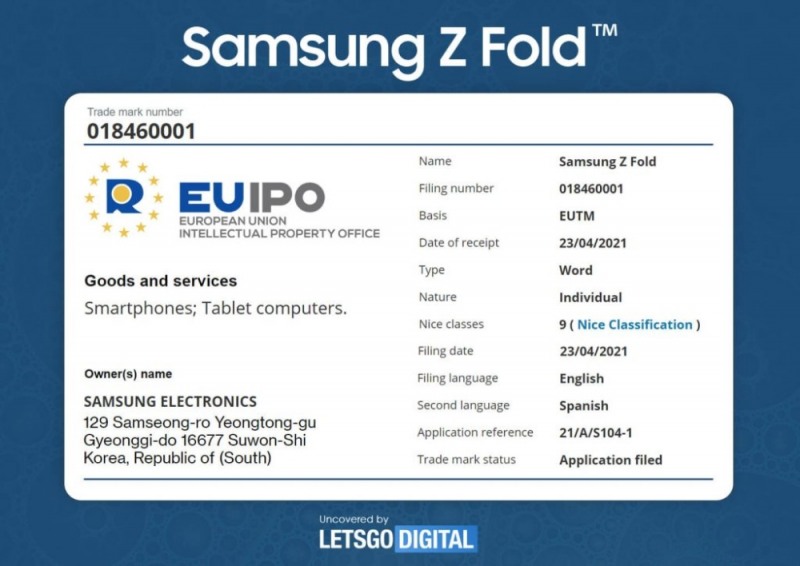삼성전자가 유럽지식재산청(EUIPO)에 '삼성 Z 폴드' 상표를 출원했다. 사진=레츠고디지털