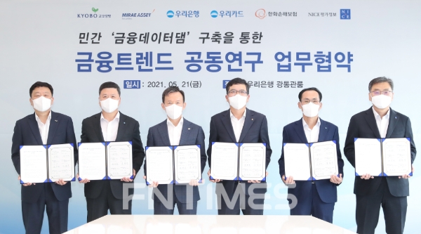 (왼쪽부터) 편정범 교보생명 대표이사, 권광석 우리은행 은행장, 최현만 미래에셋증권 수석부회장, 강성수 한화손해보험 대표이사, 김정기 우리카드 대표이사, 신희부 나이스평가정보 대표이사/사진제공= 교보생명