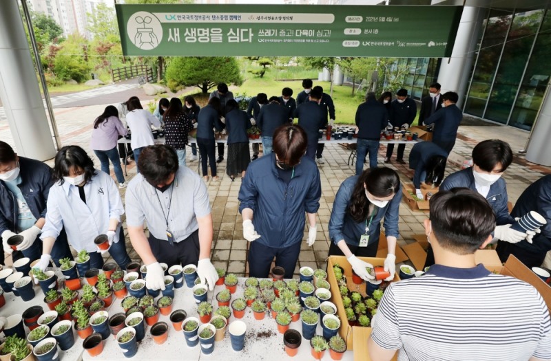 LX공사 임직원들이 환경의 날을 맞아 친환경 컵에 다육이를 심는 탄소중립 캠페인을 펼치고 있다. ./사진제공=LX공사