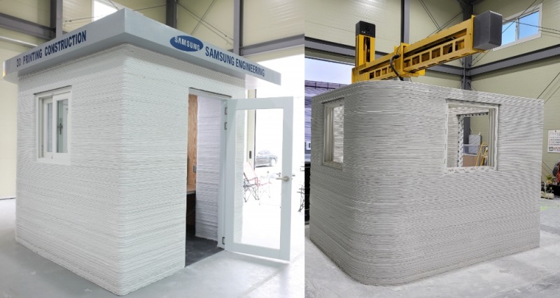 3D 프린팅 로봇을 통해 제작한 건축물(왼쪽)과 건축물 제작 과정 모습. / 사진=삼성엔지니어링