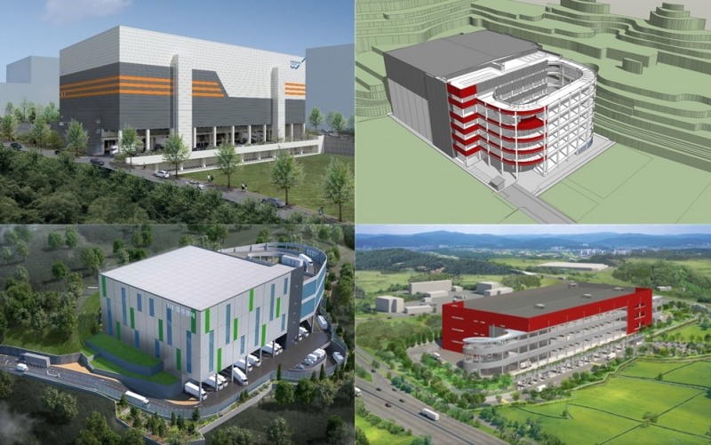 메테우스자산운용, 물류센터 개발사업. (좌측 상단부터 시계방향으로) 광주 도척물류센터, 부산 두동지구 물류센터, 이천 수정리 복합물류센터, 여주 신해리 물류센터 조감도. / 사진제공= 메테우스자산운용