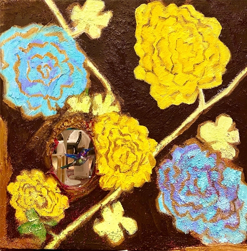 최지인. 행복을주는 그림_화조화. 90x90cm. 캔버스에 혼합재료. 2021