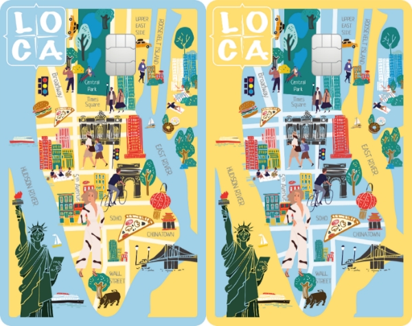 ‘로카 라이킷(LOCA LIKIT)’ 카드 뉴욕 블루와 맨해튼 옐로우(오른쪽) /사진=롯데카드