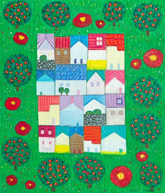▲동백꽃이 피는 마을 45.5 x 53.0cm mixed media 2021