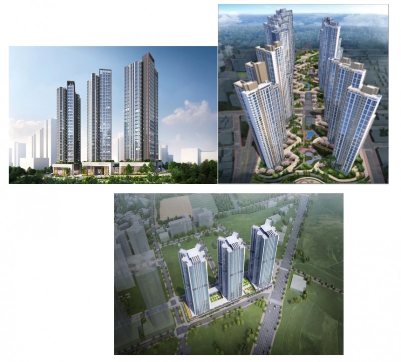 (왼쪽부터)오산 세마역 오피스텔 개발사업 조감도, 시흥시 은행2지구 공동주택 개발사업 조감도, 이천 안흥동 3블럭 복합개발사업 조감도. / 사진=롯데건설