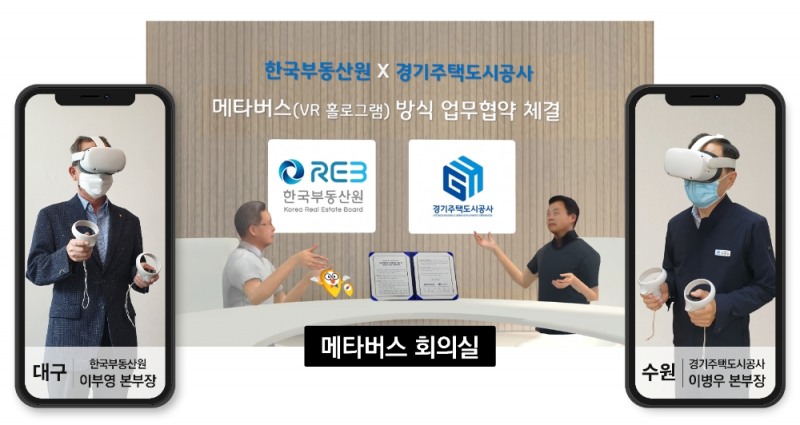 이부영 한국부동산원 산업지원본부장(왼쪽)과 이병우 경기주택도시공사 본부장이 메타버스 방식으로 업무협약(MOU)을 체결하고 있다. / 사진=한국부동산원