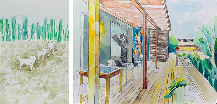 좌) at home 5  watercolor on paper 31cm.46cm 2021우) at home 3  watercolor on paper 31cm.46cm 2021