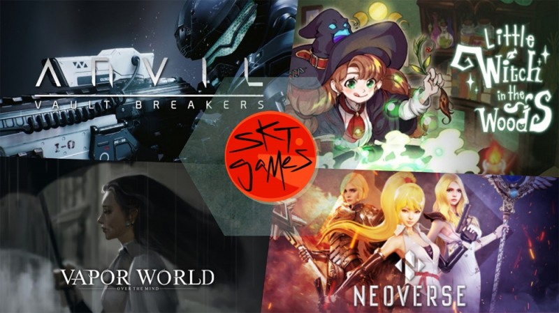 SK텔레콤이 도쿄 게임쇼에서 공개하는 퍼블리싱 게임. (왼쪽부터) 엔빌, 숲속의 작은마녀, 베이퍼 월드, 네오버스. 사진=SK텔레콤