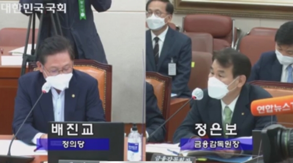 7일 정무위원회 국정감사에서 배진교 정의당 의원과 정은보 금융감독원장이 '본인부담상한제 제도 개선'과 관련해 언급하고 있다./사진= 국회의사중계 갈무리