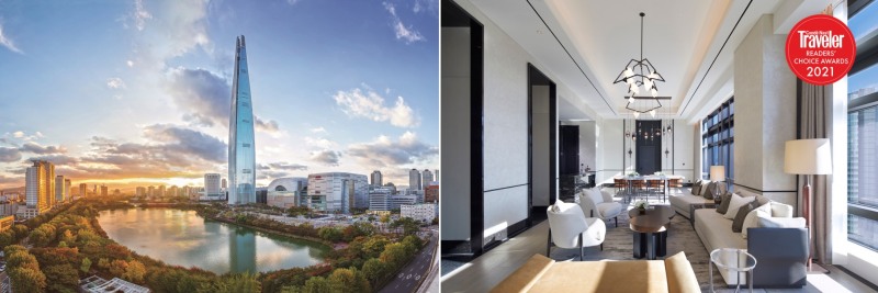 (사진 왼쪽) 시그니엘 서울 전경. 사진제공 = 호텔 롯데 / (사진 오른쪽) 그랜드 인터컨티넨탈 서울 파르나스 내부 전경. 사진제공 = 인터컨티넨탈