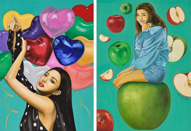 좌) 〈사랑하기 좋은날.〉 90.9×65.1㎝. 캔버스에 아크릴. 2021우) 〈내 사과를 받아줘.〉 90.9×65.1㎝. 캔버스에 아크릴. 2021