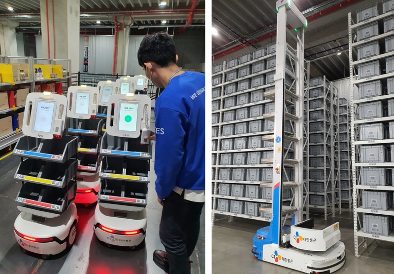 (왼쪽부터) AMR 기반 오더 피킹 시스템, 셔틀 AGV 기반 피킹 시스템/사진제공=CJ대한통운