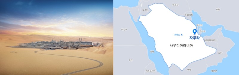 삼성엔지니어링이 수행한 사우디 아람코 샤이바 프로젝트 현장 전경(왼쪽)과 위치도. / 사진제공=삼성엔지니어링