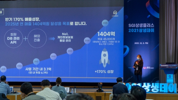 지난 3일 종로구 서울보증보험 본사에서 개최된 'SGI상생플러스' 상생데이에 참여한 스타트업 기업이 투자자들 앞에서 발표를 하고 있다./사진 제공= SGI서울보증보험