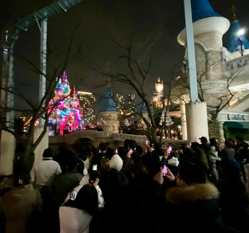 롯데월드 3D 맵핑쇼를 보기 위해 모여있는 사람들./ 사진=홍지인 기자.
