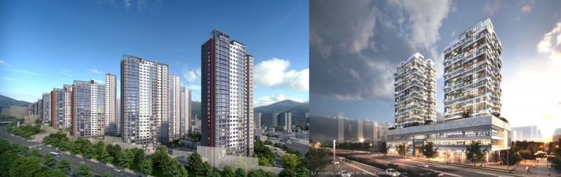 ▲ (왼쪽부터) 삼성물산 ‘래미안 포레스티지’ 투시도, 현대건설 ‘라펜트힐’ 야경 투시도. / 사진제공=각 사