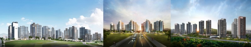 ▲ (왼쪽부터) GS건설 ‘북서울자이 폴라리스’ 투시도. DL이앤씨 ‘e편한세상 검단 어반센트로’ 투시도. 한화건설 ‘한화 포레나 천안노태’ 투시도 / 사진제공=각 사