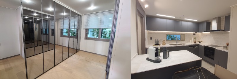 현대건설이 리뉴얼한 힐스테이트 인테리어 디자인 중 드레스룸(왼쪽), 주방 모습. / 사진제공=현대건설