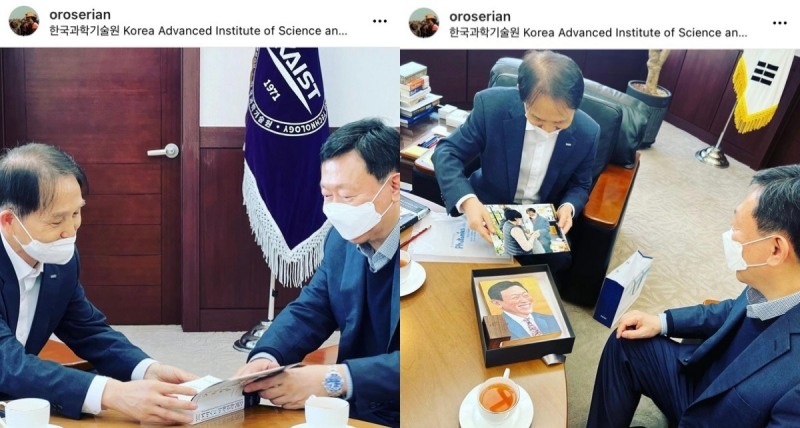 신동빈 롯데그룹 회장(왼쪽)과 이광형 KAIST 총장이 지난주 회동했다./ 사진제공 = 배상민 롯데 디자인경영센터장 인스타그램