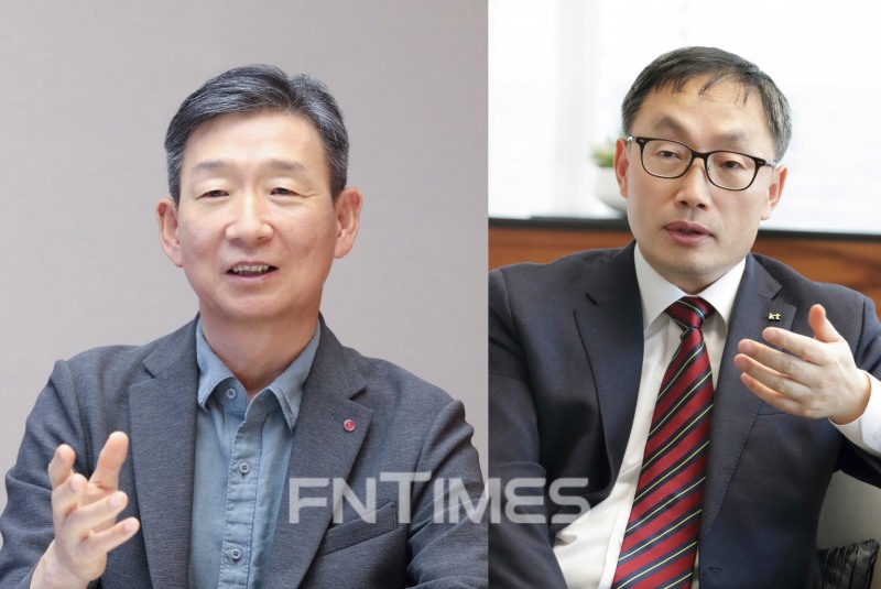 황현식 LG유플러스 대표(왼쪽)와 구현모 KT 대표(오른쪽). 사진=한국금융DB