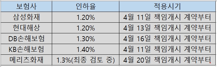 손해보험사 빅5 개인용 자동차보험료 인하율과 적용시기./자료 제공= 각 사