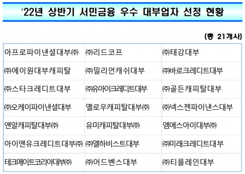 2022년 상반기 서민금융 우수 대부업자 선정 현황. /자료제공=금융감독원