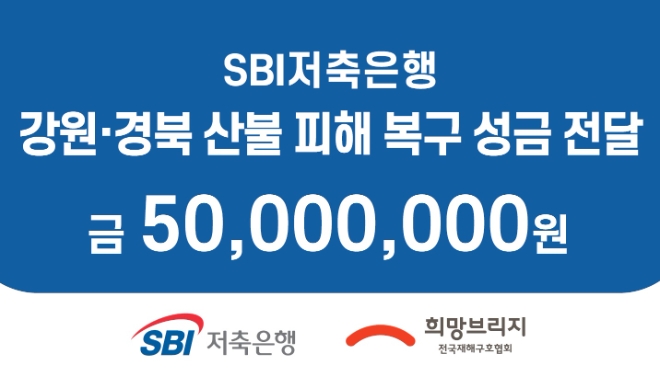 SBI저축은행이 대형 산불 피해를 입은 강원, 경북 지역과 이재민 지원을 위해 성금 5000만원을 전달했다. /사진제공=SBI저축은행