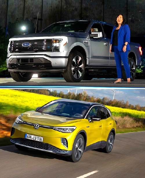 ▲ SK온 NCM9 배터리를 탑재한 포드 전기픽업 F150라이트닝(위)과 LG에너지솔루션이 배터리를 공급하는 폭스바겐 ID.4.