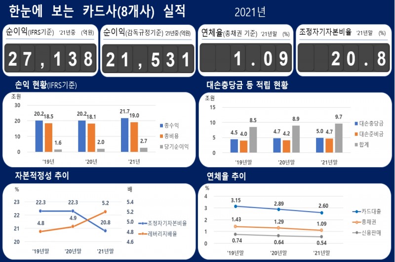 2021년 카드사 주요 경영실적 지표. /자료제공=금융감독원