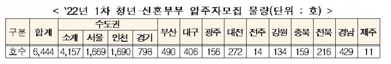 2022년 1차 청년-신혼부부 입주자모집 물량 (단위: 호) / 자료제공=국토교통부