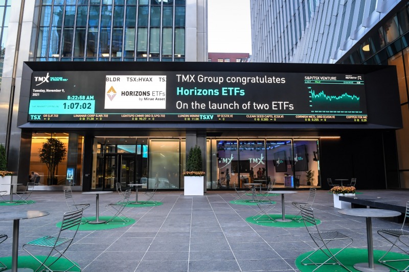 캐나다 토론토 증권거래소 전광판에 표시된 Horizons ETFs 신규 상장 축하 메시지 / 사진제공= 미래에셋자산운용(2022.04.04)