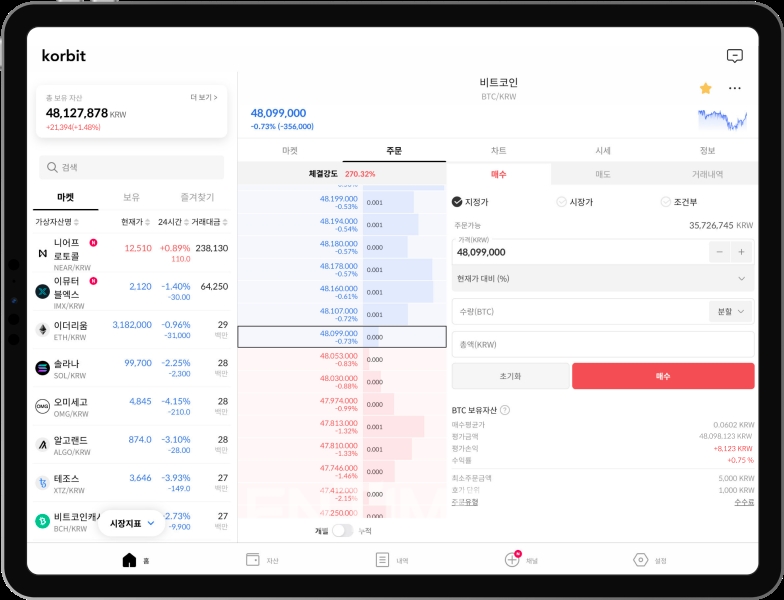 멀티 디바이스(다중 기기) 환경에 맞춰 사용자에게 최적의 거래 환경을 제공하고자 코빗(대표 오세진)이 4일 출시한 iOS 기반 아이패드 애플리케이션(앱‧Application) 화면./사진=코빗