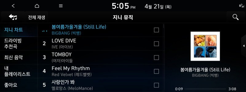 현대-기아차에서 이용할 수 있는 지니뮤직 서비스 화면. 사진=지니뮤직