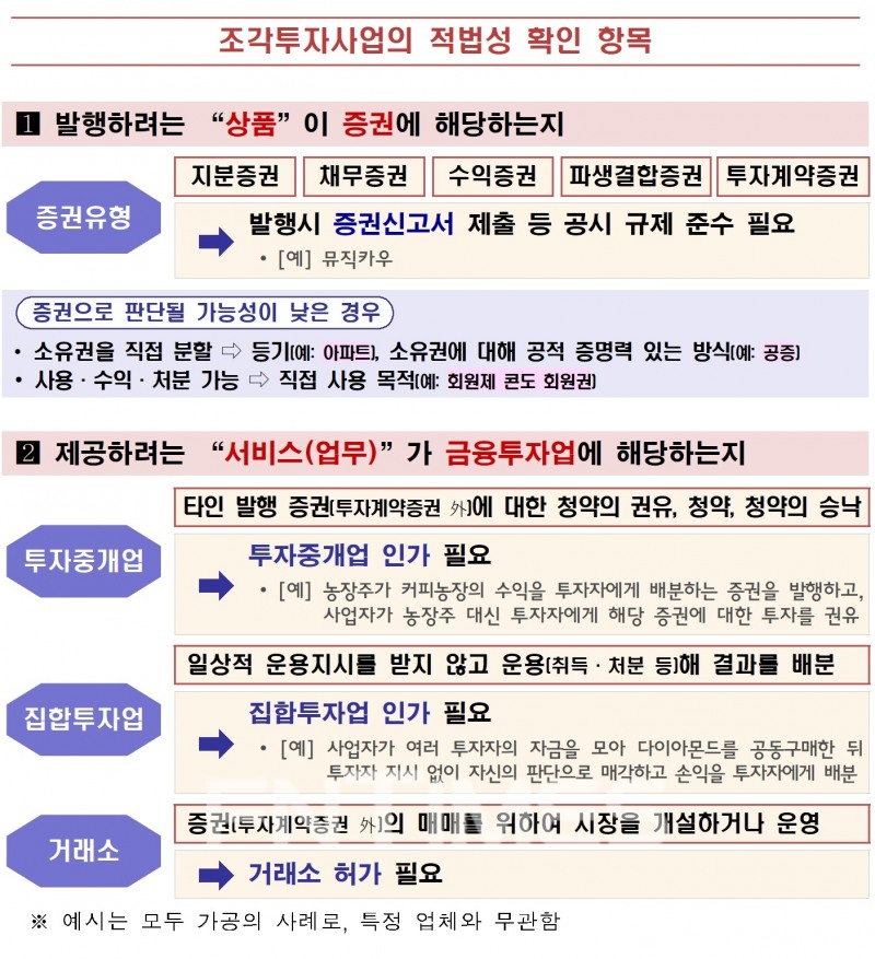조각 투자 사업의 적법성 확인 항목./자료=금융위원회(위원장 고승범)의 '조각 투자 등 신종증권 사업 관련 가이드라인'