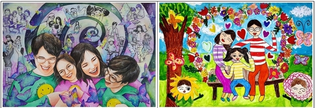(왼쪽) 그림 일반부 대상(석미나 '우리의 행복한 추억은 영원하다')과 그림 어린이부 대상(양시연 '우리 가족의 아름다운 봄') 작품. / 사진제공=반도건설