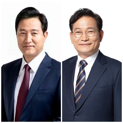 제 8회 전국동시지방선거 오세훈 국민의힘 서울시장 후보(좌), 송영길 더불어민주당 서울시장 후보(우)